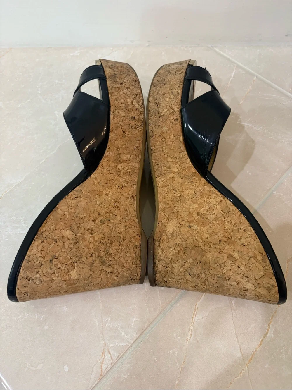 Jimmy Choo Perfume Black Patent Leather Cork Platform Wedge Sandals